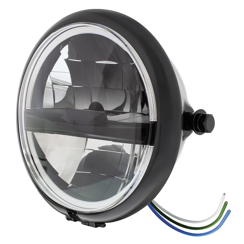 Black 5-3/4" Motorcycle Headlight 8 LED Blackout Bulb With Black Bar - Side Mount