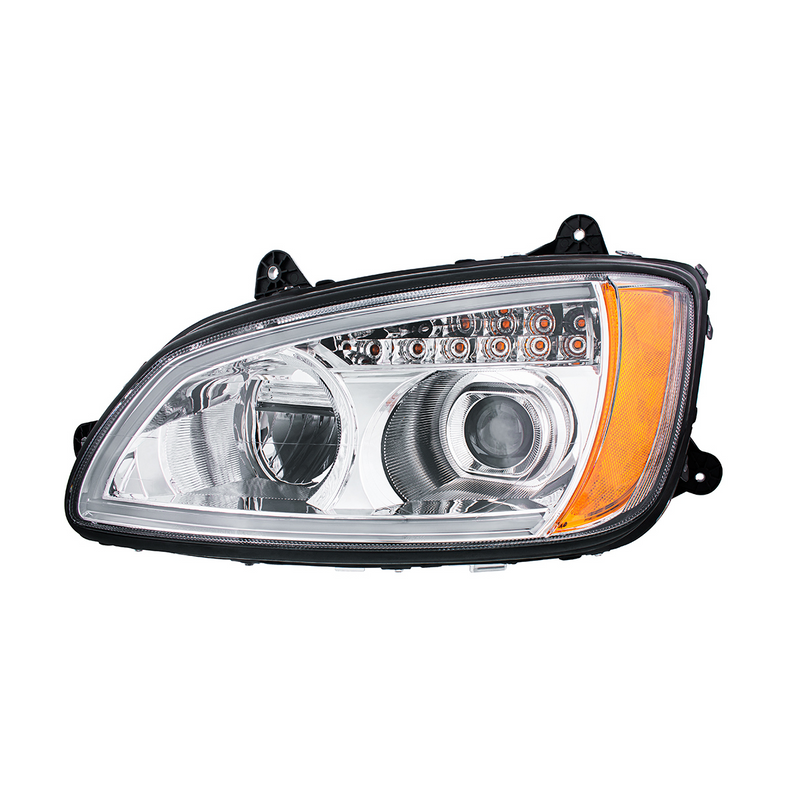 Chrome Full LED Projection Headlight With Turn Signal & Position Light Bar For 2008-2017 Kenworth T660 - Driver