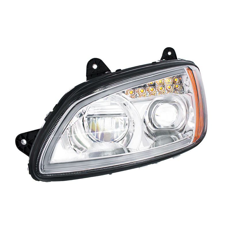 Chrome Full LED Projection Headlight With Turn Signal & Position Light Bar For 2008-2017 Kenworth T660 - Driver