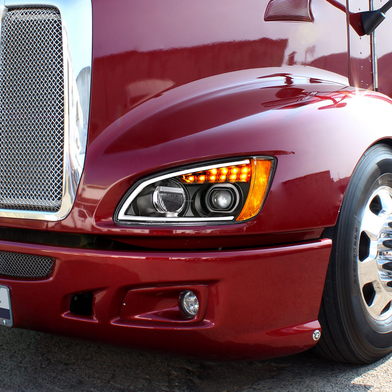 Black Full LED Projection Headlight With Turn Signal & Position Light Bar For 2008-2017 Kenworth T660 - Driver
