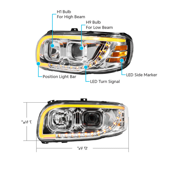 Gray Chrome & Blackout Projection Headlight With LED Turn Signal & Light Bar For 2008-2024 Peterbilt 389 HEADLIGHT driver (chrome),passenger (chrome,driver (blackout),passenger (blackout)