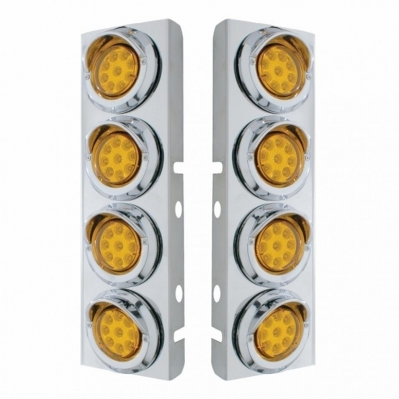 SS Front Air Cleaner Bracket With 8X 9 LED 2" Reflector Lights & Visors For Peterbilt -Amber LED & Lens