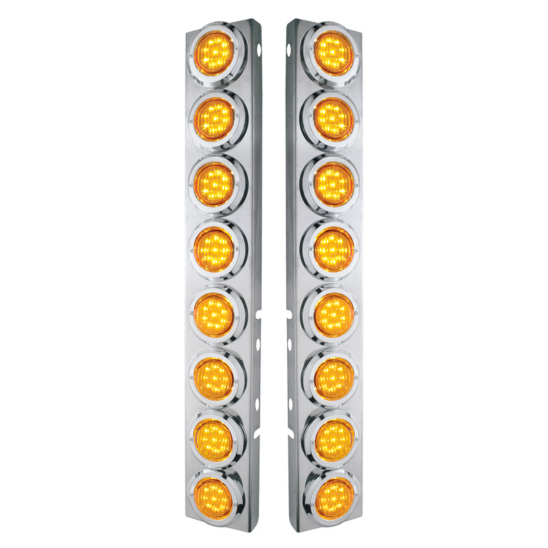 SS Front Air Cleaner Bracket With 16X 9 LED 2" Lights & Bezels For Peterbilt-Amber LED & Lens