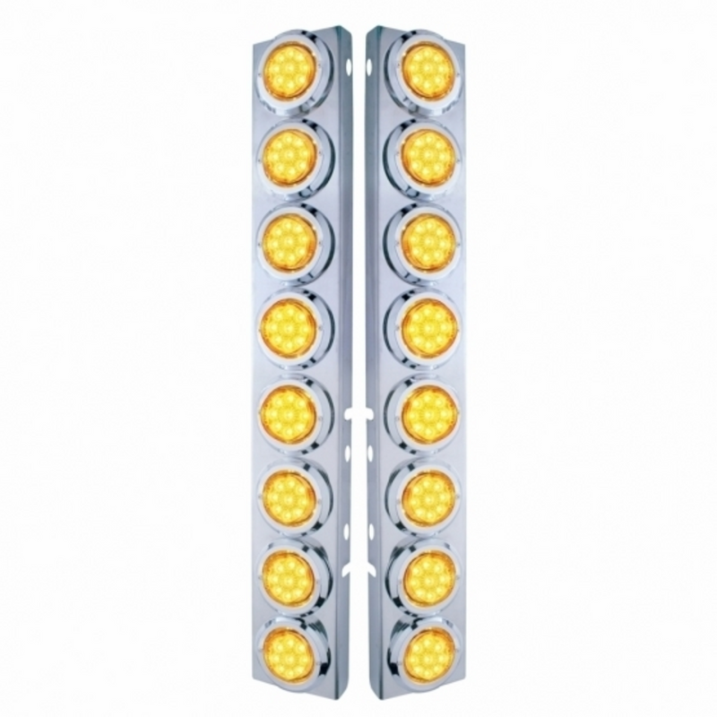 SS Front Air Cleaner Bracket With 16X 9 LED 2" Reflector Lights & Bezels For Peterbilt-Amber LED & Lens