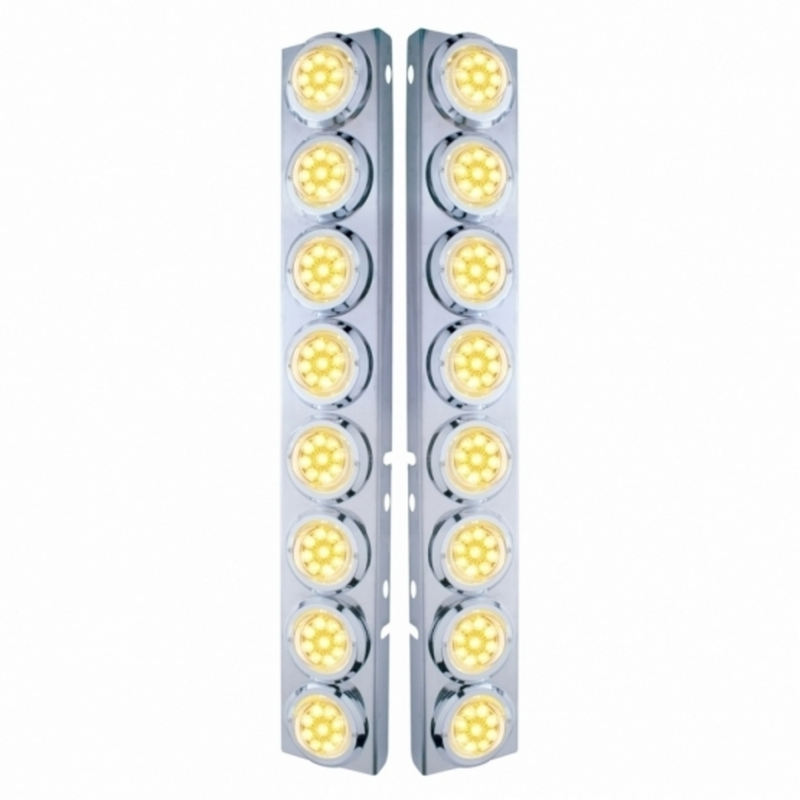 SS Front Air Cleaner Bracket With 16X 9 LED 2" Reflector Lights & Bezels For Peterbilt-Amber LED/Clear Lens