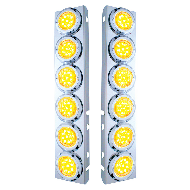 SS Front Air Cleaner Bracket With 12X 9 LED 2" Lights & Bezels For Peterbilt-Amber LED/Clear Lens
