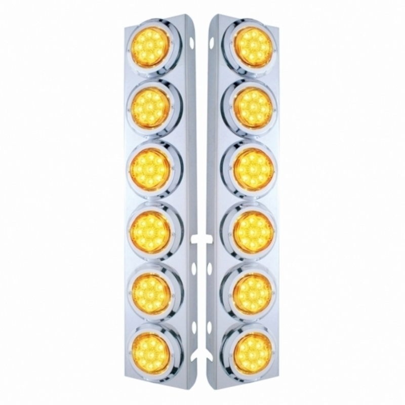 SS Front Air Cleaner Bracket With 12X 9 LED 2" Reflector Lights & Bezels For Peterbilt-Amber LED & Lens