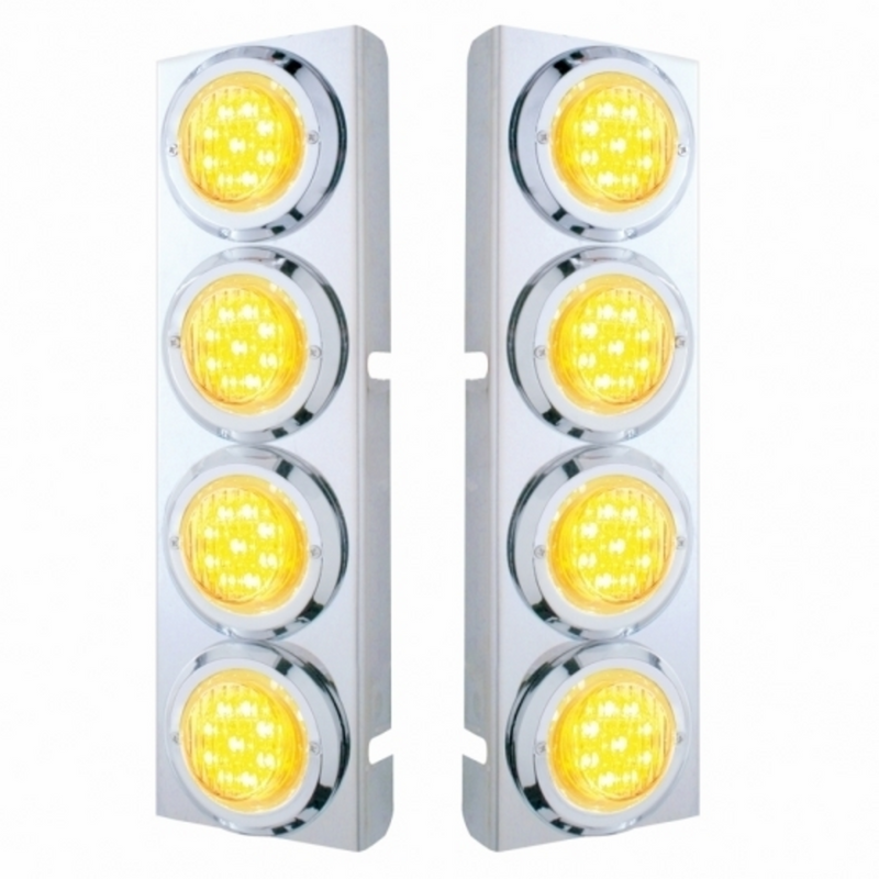 SS Front Air Cleaner Bracket With 8X 9 LED 2" Lights & Bezels For Peterbilt-Amber LED/Clear Lens