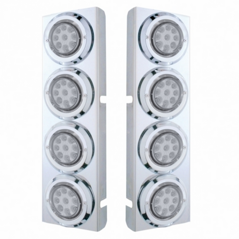 SS Front Air Cleaner Bracket With 8X 9 LED 2" Reflector Lights & Bezels For Peterbilt -Amber LED/Clear Lens
