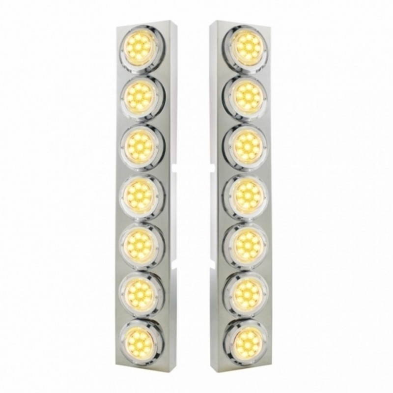 SS Front Air Cleaner Bracket With 14X 9 Amber LED 2" Reflector Lights & Bezel For KW Trucks -Clear Lens