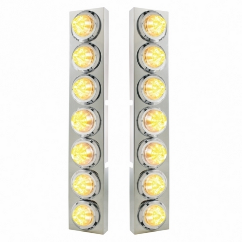 SS Front Air Cleaner Bracket With 14X 9 Amber LED 2" Beehive Lights & Bezels For KW Trucks -Clear Lens