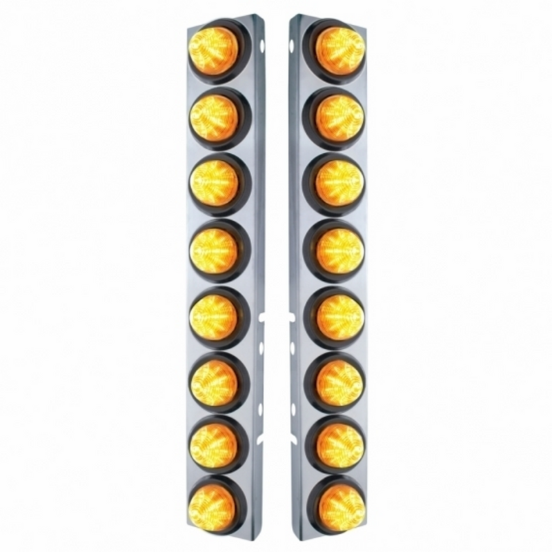 SS Front Air Cleaner Bracket With 16X 9 LED 2" Beehive Lights For Peterbilt-Amber LED & Lens