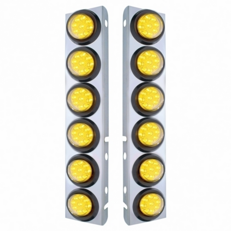SS Front Air Cleaner Bracket With 12X 9 LED 2" Reflector Lights For Peterbilt-Amber LED & Lens