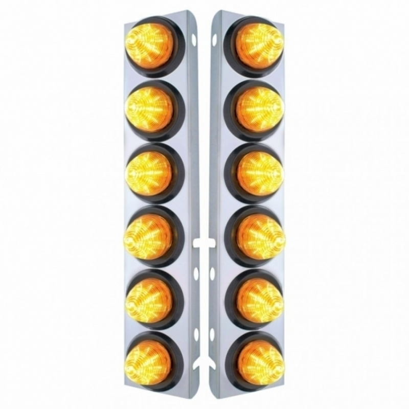 SS Front Air Cleaner Bracket With 12X 9 LED 2" Beehive Lights For Peterbilt-Amber LED & Lens