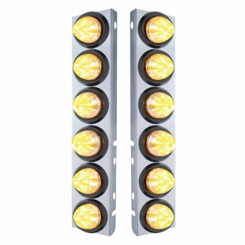SS Front Air Cleaner Bracket With 12X 9 LED 2" Beehive Lights For Peterbilt-Amber LED/Clear Lens