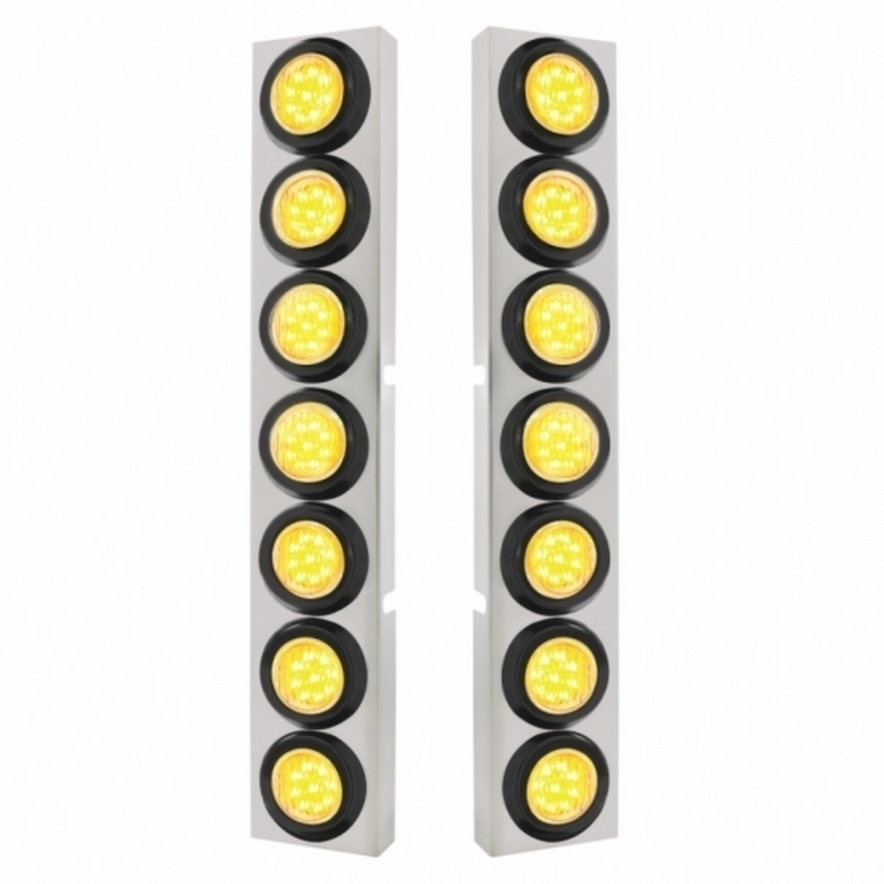 SS Front Air Cleaner Bracket With 14X 9 LED 2" Lights Bezel For KW Trucks -Amber LED/Clear Lens