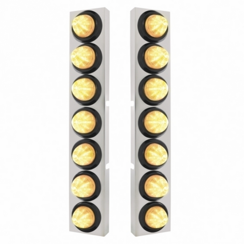SS Front Air Cleaner Bracket With 14X 9 LED 2" Beehive Lights Bezel For KW Trucks -Amber LED/Clear Lens