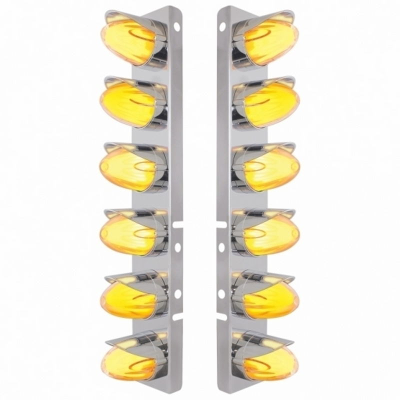 UP-34461 SS Front Air Cleaner Brkt With 12X Amber Hi/Lo LED GloLight Watermelon Grakon Light & Visor For Peterbilt-Clear Lens