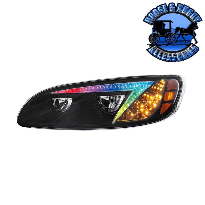 Tan BLACK LED HEADLIGHT WITH RGB POSITION LIGHT BAR FOR PETERBILT 386 (2005-2015) & 387 (1999-2010) HEADLIGHT Driver's Side
