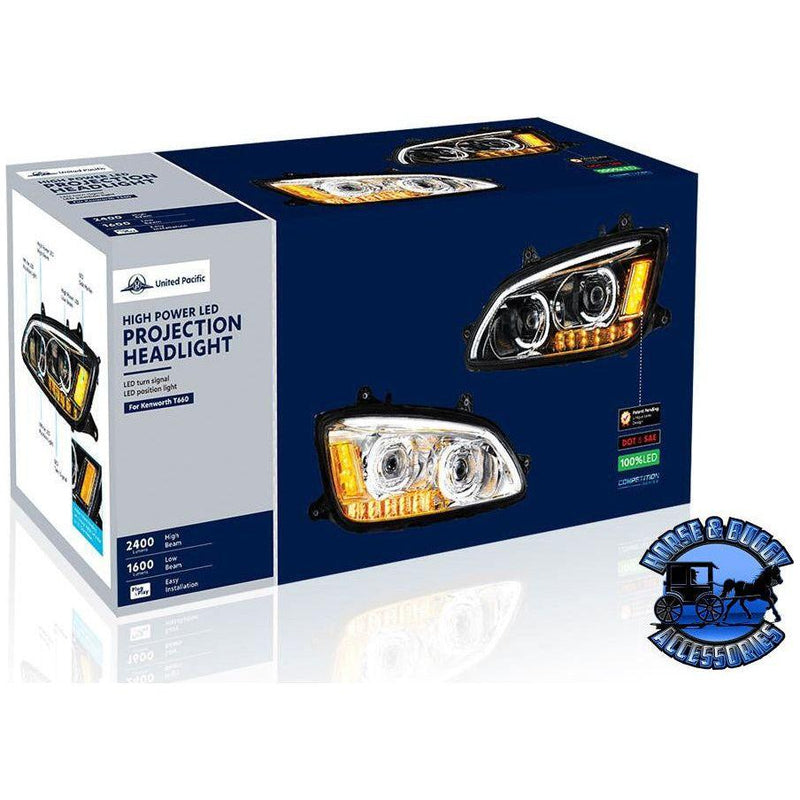 (Choose side) LED HEADLIGHT WITH LED TURN SIGNAL & LED POSITION LIGHT BAR FOR 2007-2017 KENWORTH T660 HEADLIGHT PASSENGER SIDE Midnight Blue