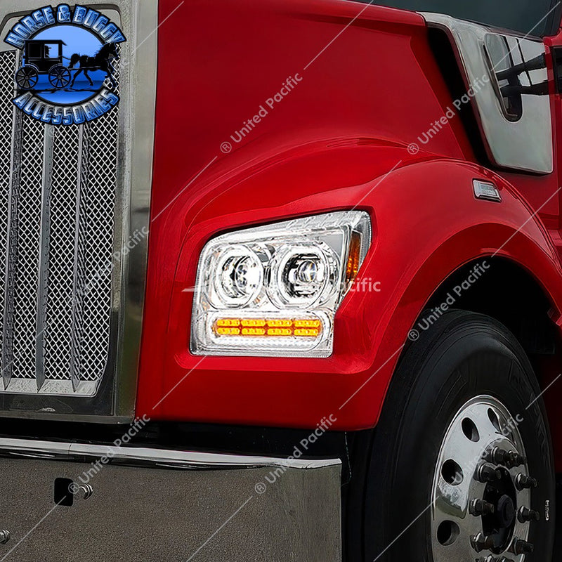 High Power 10 LED Headlight With 24 LED Turn & 100 LED Halo For 2019-2024 Kenworth W990 (Choose Side) (Choose Color) Headlight Driver / Chrome,Driver / Black,Passenger / Chrome,Passenger / Black Dark Slate Gray