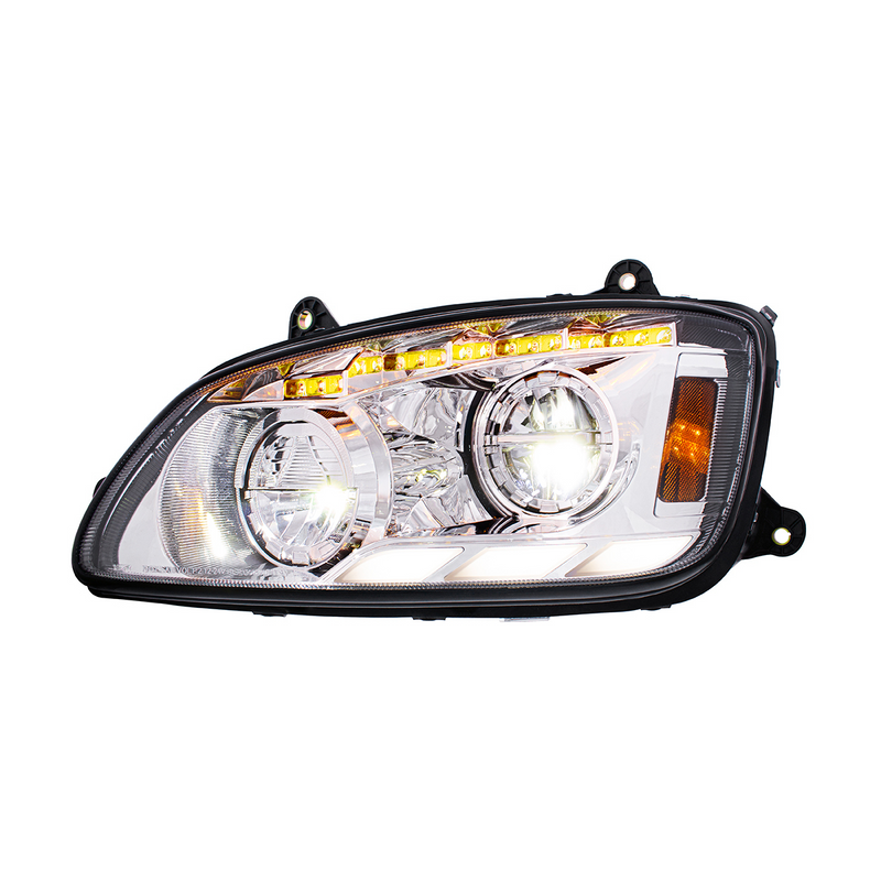 Chrome LED Headlight With Sequential Turn Signal & Position Light Bars For 2008-17 Kenworth T660 - Driver