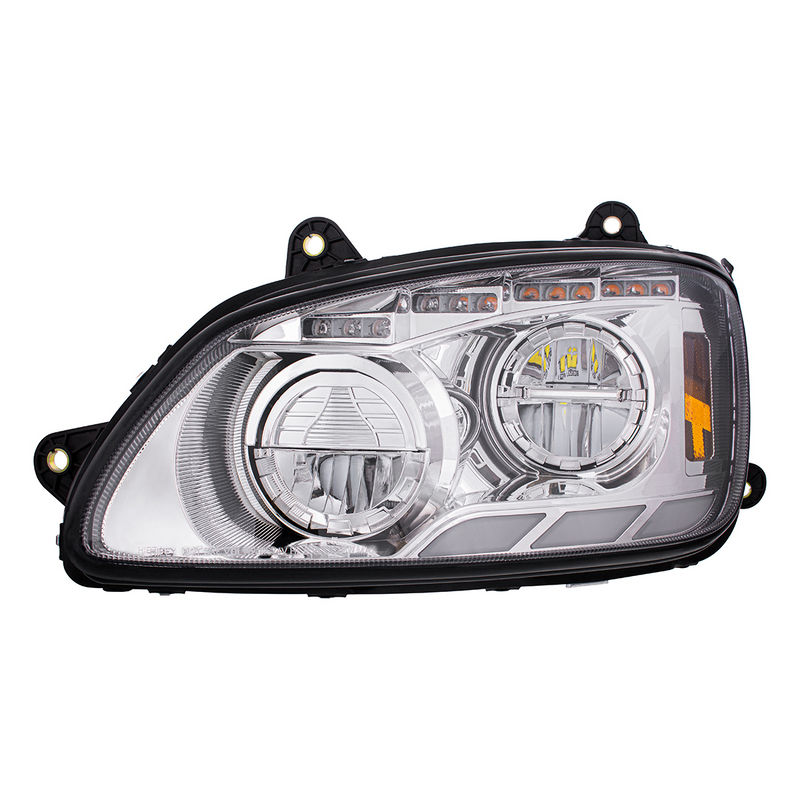 Chrome LED Headlight With Sequential Turn Signal & Position Light Bars For 2008-17 Kenworth T660 - Driver