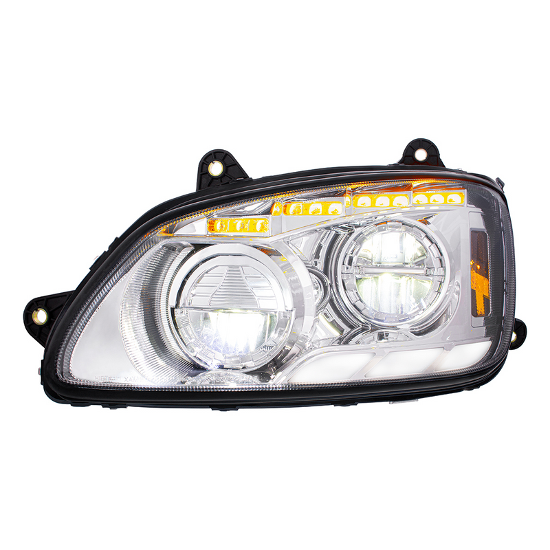 Chrome LED Headlight With Sequential Turn Signal & Position Light Bars For 2008-17 Kenworth T660 - Driver