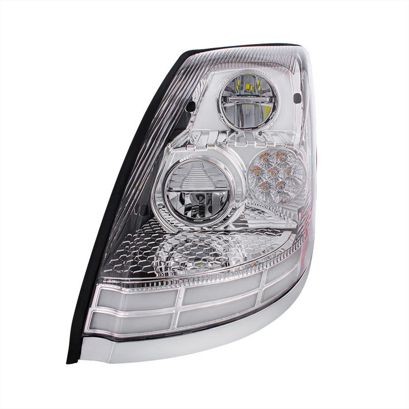 Chrome LED Headlight With Dual Color LED Light Bars For 2003-2017 Volvo VN/VNL - Driver