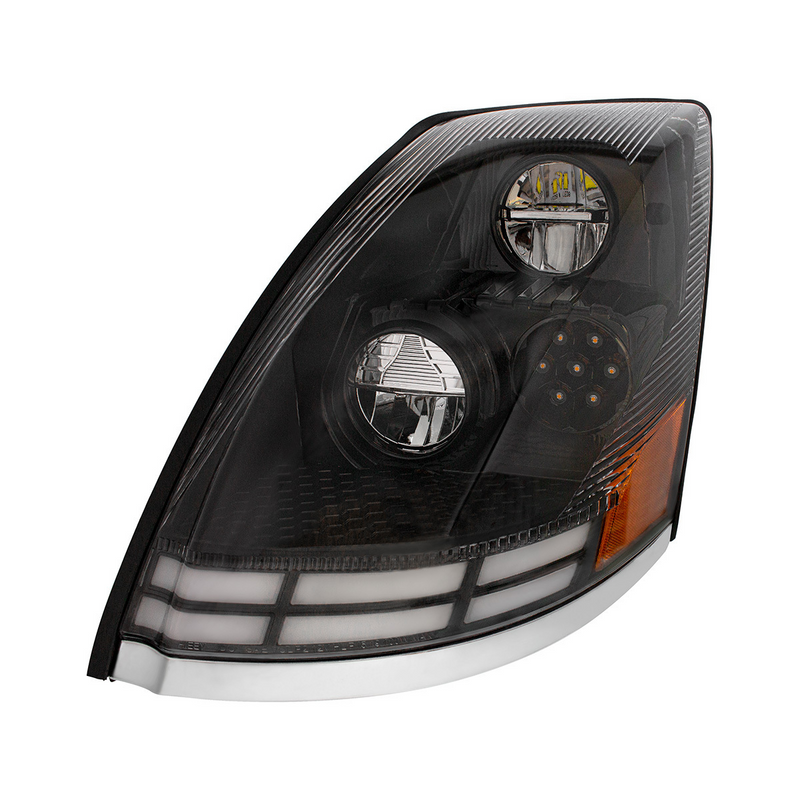 Black LED Headlight With Dual Color LED Light Bars For 2003-2017 Volvo VN/VNL - Driver