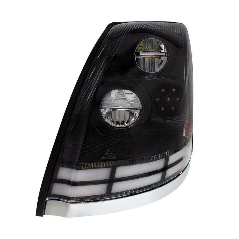 Black LED Headlight With Dual Color LED Light Bars For 2003-2017 Volvo VN/VNL - Driver