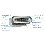 High Power LED Chrome Projection Headlight Assembly With Mounting Arm & Turn Signal - Driver