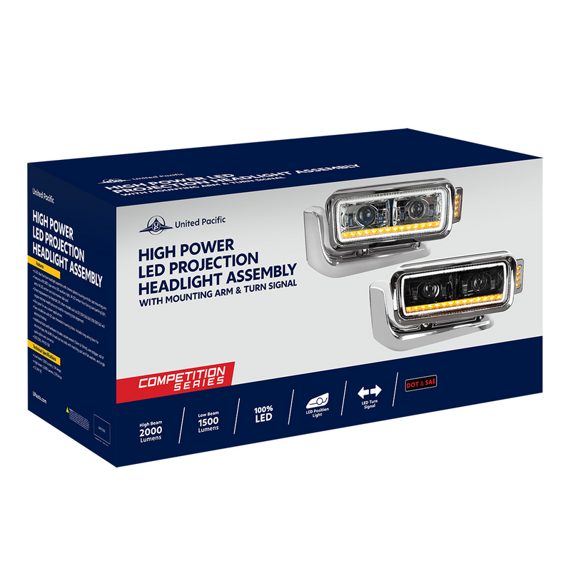 High Power LED Black Projection Headlight Assembly With Mounting Arm & Turn Signal - Driver