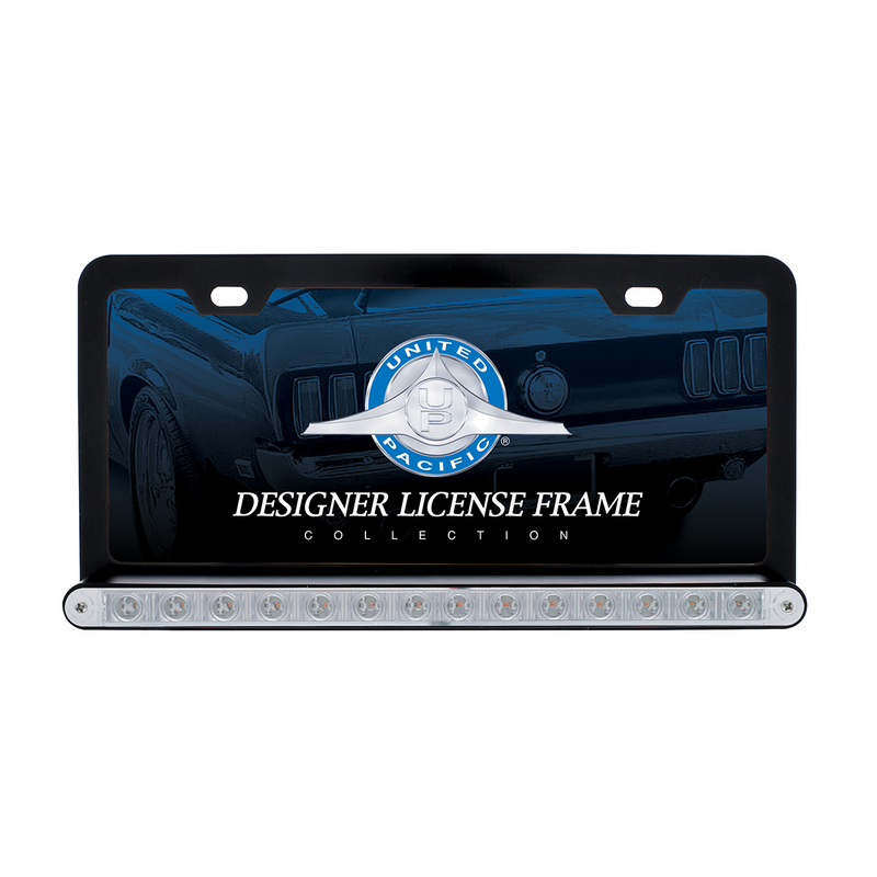 Black License Plate Frame With 14 LED 12" Light Bar - Red LED/Clear Lens