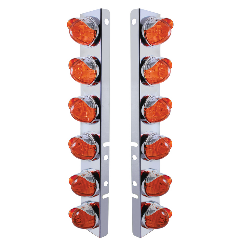 UP-37292 SS Front Air Cleaner Bracket With 12X LED Watermelon Lights & SS Visors For Peterbilt-Amber LED/Dark Amber Lens