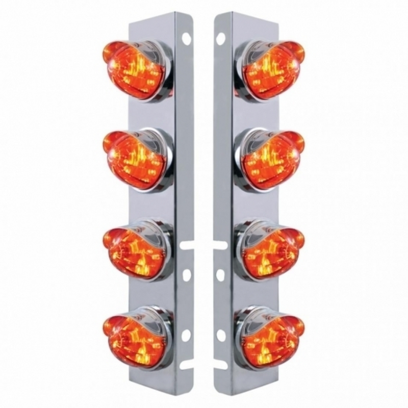 UP-37293 SS Front Air Cleaner Bracket With 8X LED Watermelon Lights & SS Visors For Peterbilt-Amber LED/Dark Amber Lens