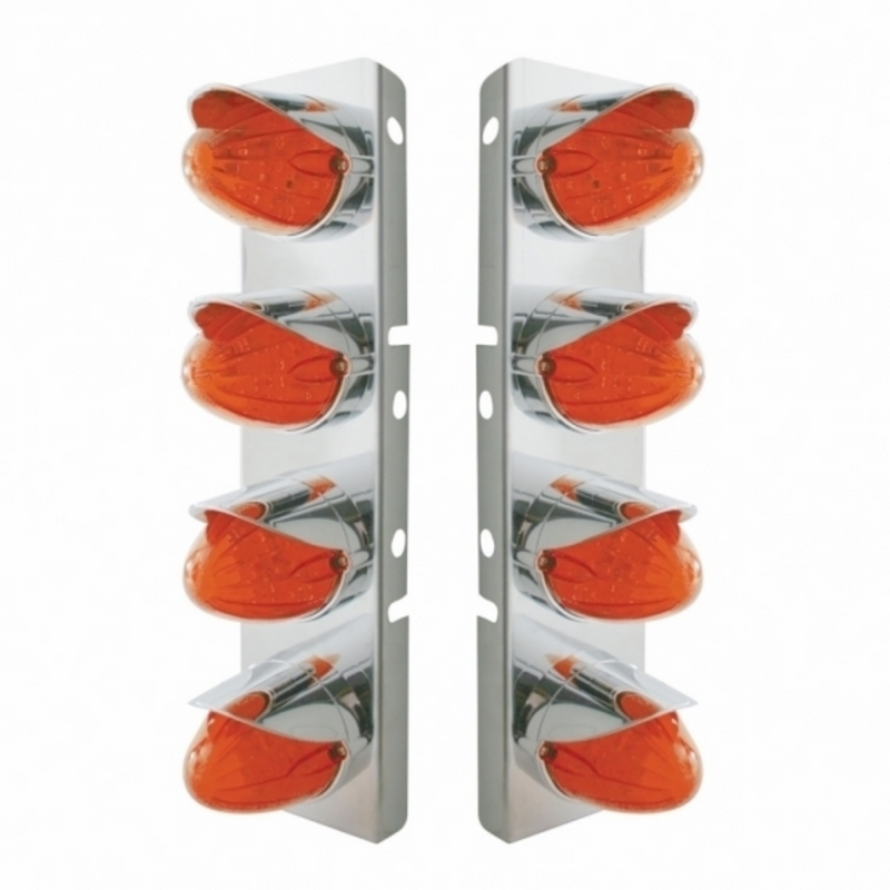 UP-37299 SS Front Air Cleaner Bracket With 8X 19 LED Watermelon Lights & Visors For Peterbilt-Amber LED/Dark Lens