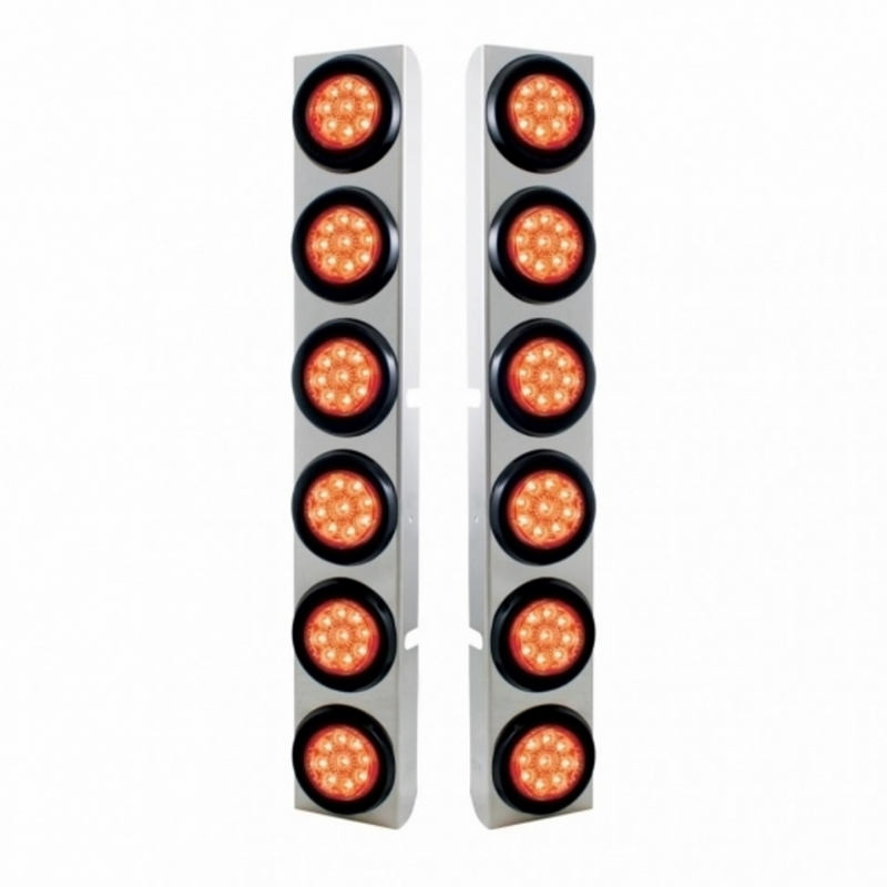 SS Rear Air Cleaner Bracket With 12X 9 LED 2" Reflector Lights For Peterbilt-Red LED & Lens