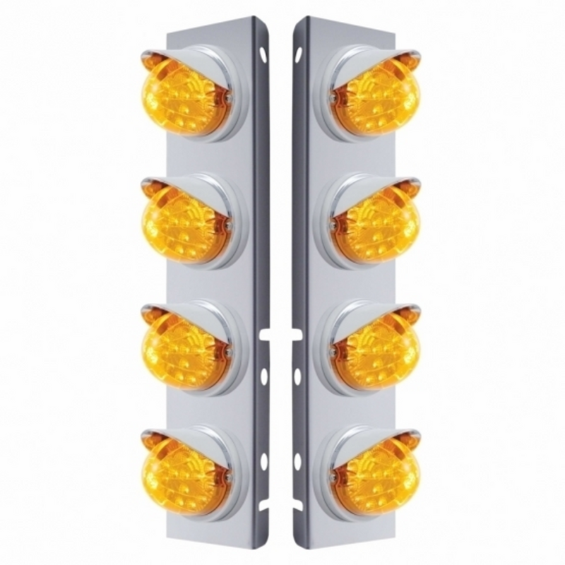 SS Front Air Cleaner Bracket With 8X 17 Amber LED Dual Function Reflector Lights & Visors For Peterbilt-Amber