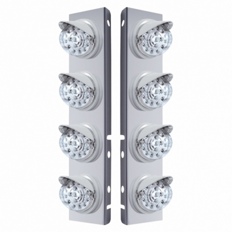 SS Front Air Cleaner Bracket With 8X 17 Amber LED Dual Function Reflector Lights & Visors For Peterbilt-Clear