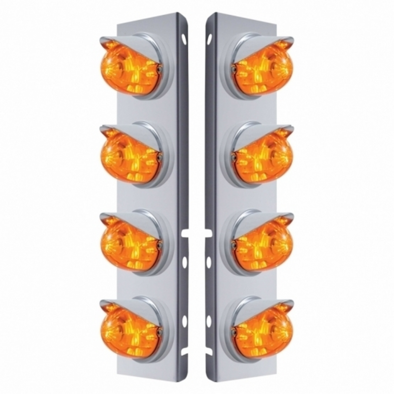 UP-37378 SS Front Air Cleaner Bracket With 8X 17 LED Watermelon Lights & Visors For Peterbilt-Amber LED & Lens