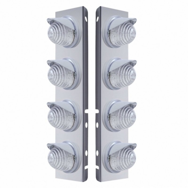 SS Front Air Cleaner Bracket With 8X 17 LED Beehive Lights & Visors For Peterbilt -Amber LED/Clear Lens