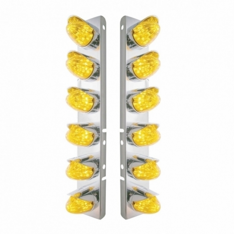 UP-37699 SS Front Air Cleaner Bracket With 12X 19 LED Watermelon Lights & Visors For Peterbilt-Amber LED & Lens