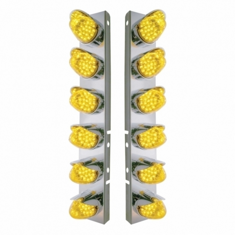 SS Front Air Cleaner Bracket With 12X 19 LED Reflector Lights & Visors For Peterbilt-Amber LED & Lens