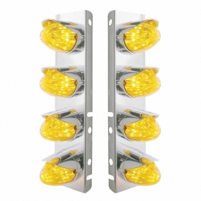 UP-37705 SS Front Air Cleaner Bracket With 8X 19 LED Watermelon Lights & Visors For Peterbilt-Amber LED & Lens