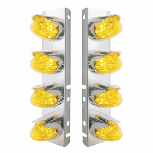 UP-37705 SS Front Air Cleaner Bracket With 8X 19 LED Watermelon Lights & Visors For Peterbilt-Amber LED & Lens