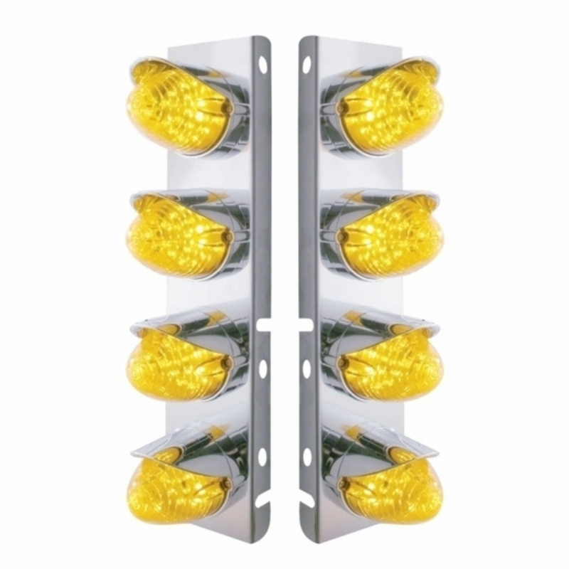 SS Front Air Cleaner Bracket With 8X 19 LED Beehive Lights & Visors For Peterbilt-Amber LED & Lens