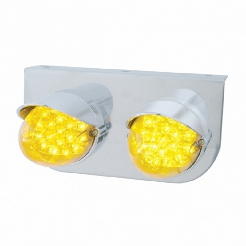 Stainless Light Bracket With 2X 19 LED Reflector Lights & Visors - Amber LED/Amber Lens