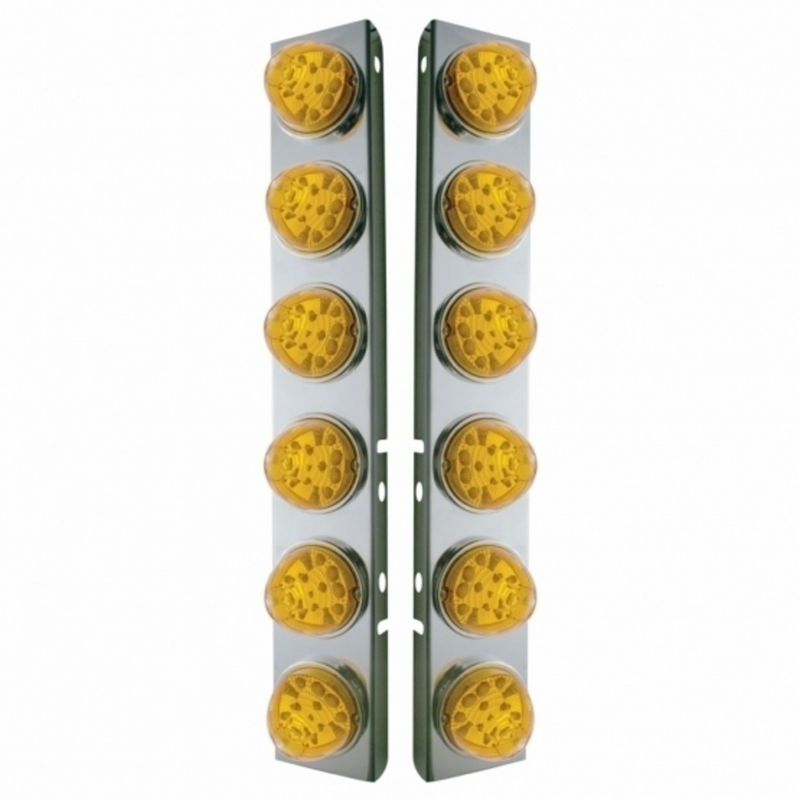 UP-39634 SS Front Air Cleaner Bracket W/12X 17 Amber LED Refl. Watermelon Lights & SS Bezels For Peterbilt-Amber Lens (Pair)