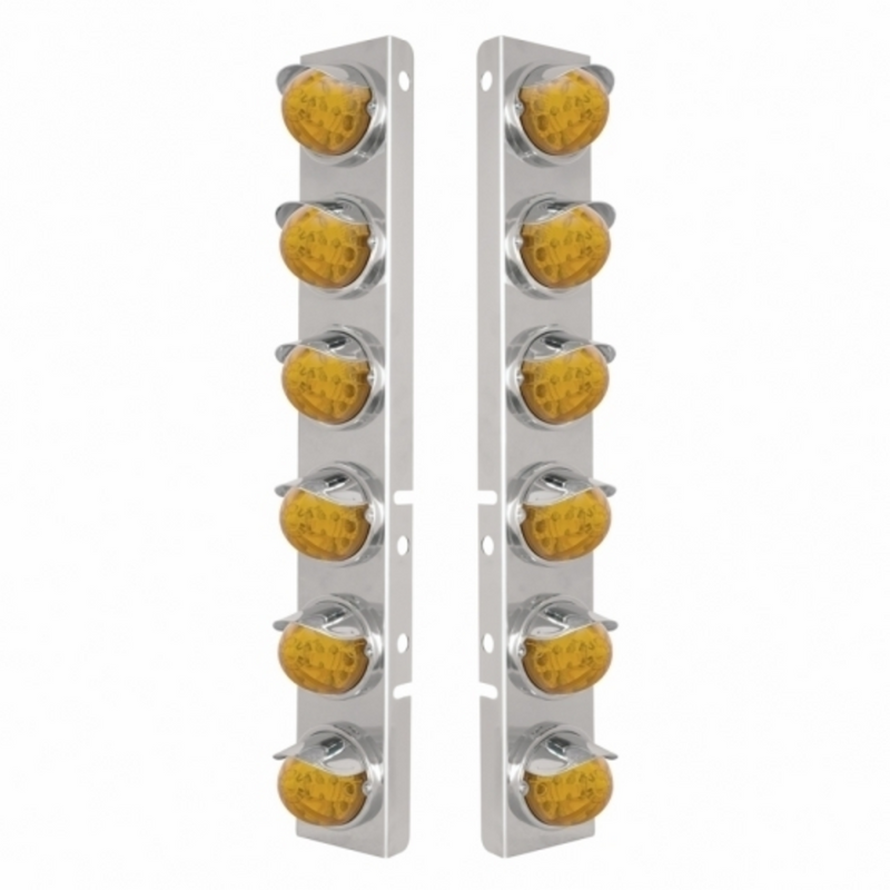 UP-39840 SS Front Air Cleaner Bracket With 12X 17 Amber LED Reflector Watermelon Lights & SS Visors For Peterbilt-Amber Lens
